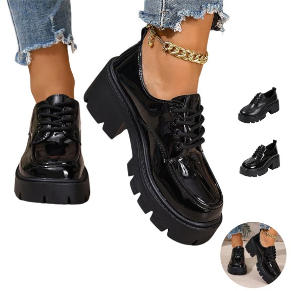 Willtoo Womens British‑Inspired Lace‑Up Walking Shoes Round‑Toe Chunky Lug‑Sole Low‑Top Block‑Heel Fashion Footwear for Daily Wear