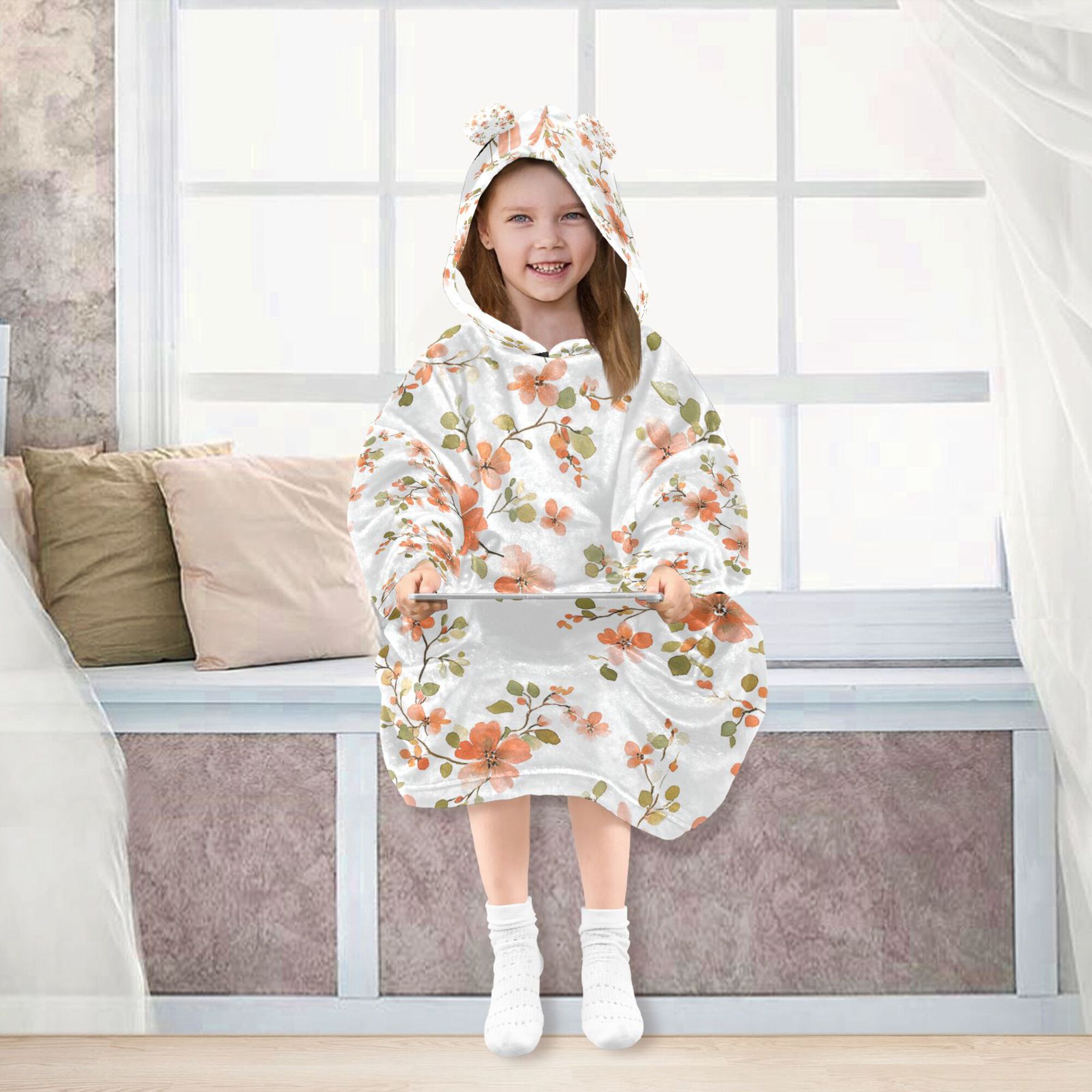FORMRS Wearable Blanket Hoodie with Sleeves for Kids Cozy Flannel Sweatshirt, Orange Floral Blooms