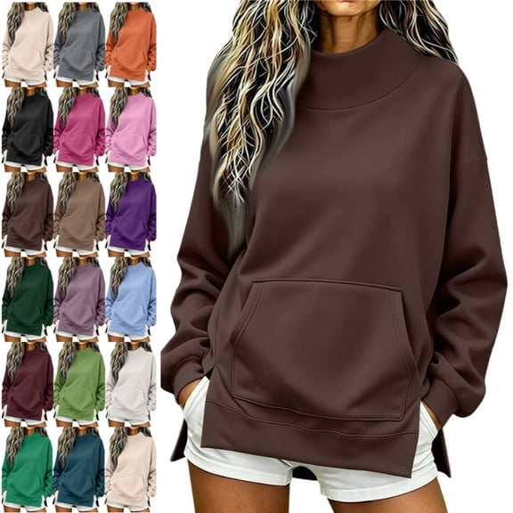 Mock Neck Sweatshirt for Women 2026 Cute Crew Neck Long Sleeve Sweatshirt Fall Winter Fashion Outfits Clothes Coffee S