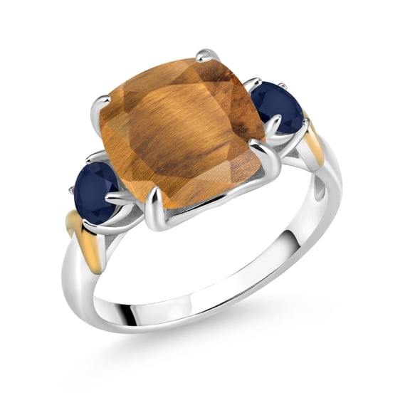 Gem Stone King 925 Silver and 10K Yellow Gold Brown Tiger Eye and Blue Sapphire 3 Stone Ring for Women (4.20 Cttw, Gemstone Birthstone, Cushion 10MM, Round 4MM, Size 8)
