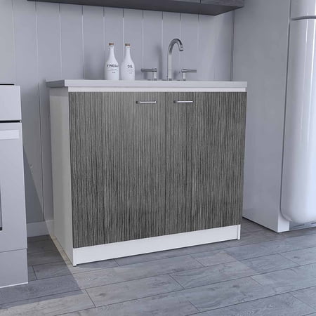 LiviNest Kitchen Storage Cabinet: Modern Double Door Wood Cabinet for Small Home Office - Compact 39.3 Utility Organizer with White/Smokey Oak Finish & Easy Assembly
