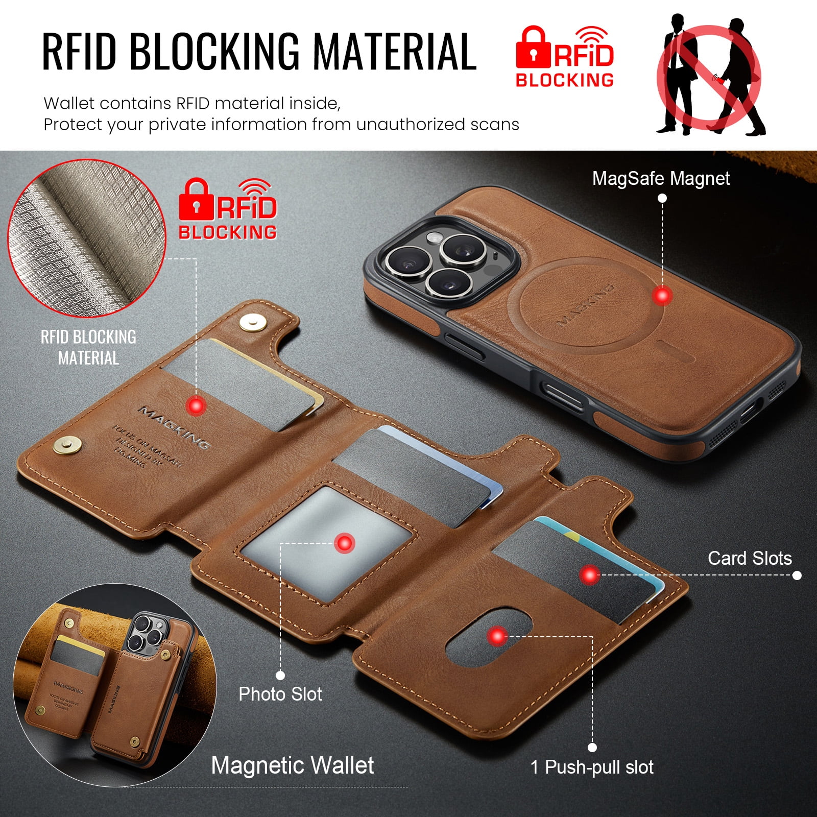 Designed for iPhone 16 Pro Max Wallet Phone Case,Magnetic Detachable Flip Card Holder,Back Flip Kickstand,Compatible with Mag-Safe,2-in-1 PU Leather Heavy Duty Shockproof Phone Case,Brown