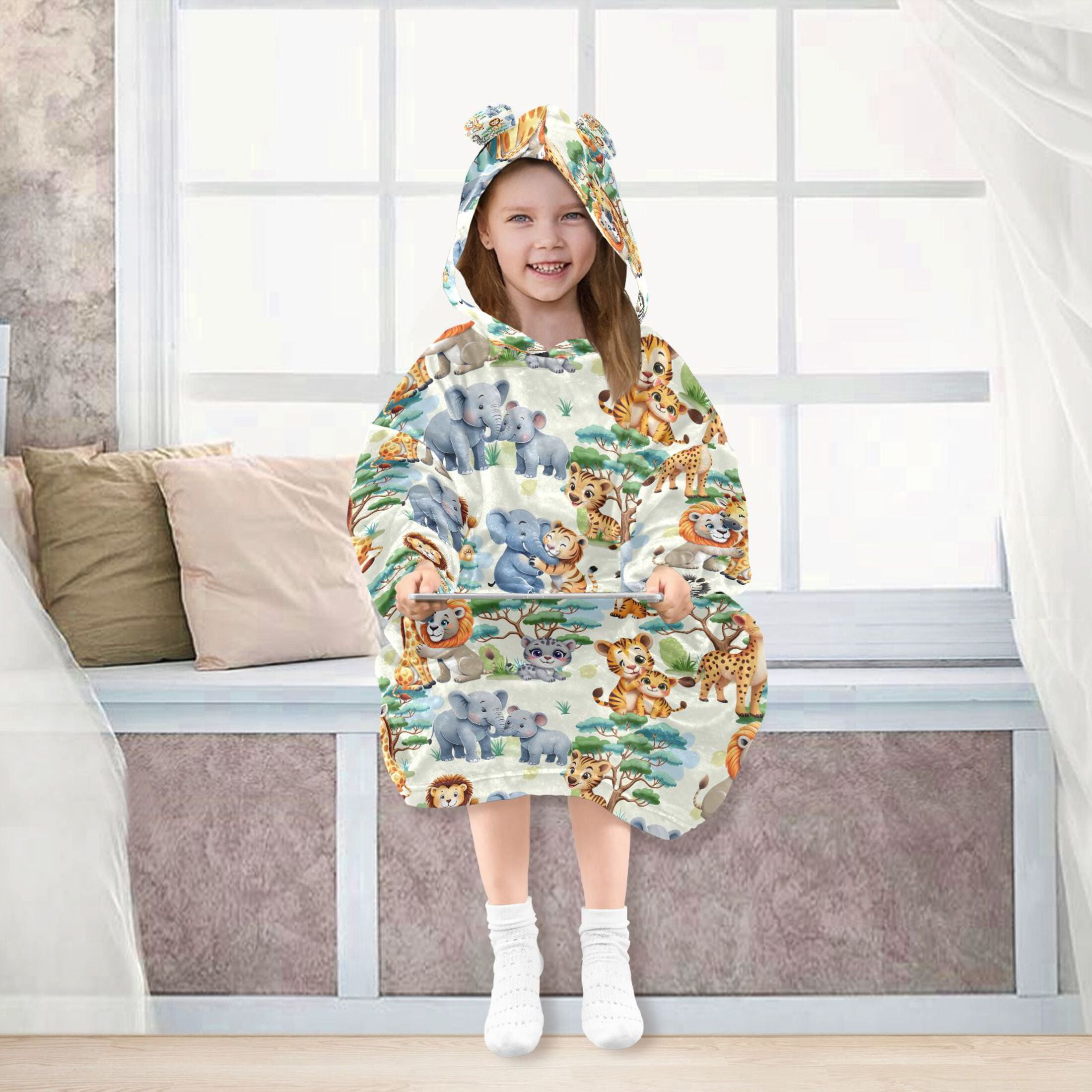 joogoo Wearable Blanket Jungle Animals Lions Elephants Hoodie for Oversized Sherpa Hooded 3-14 YR M