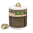 thumbnail image 1 of St. Patrick's Day Piggy Bank, Greetings with Wooden Blocks and Paper Shamrocks on Rustic Planks Image, Ceramic Coin Bank Money Box for Cash Saving, 3.6" X 3.2", Umber Beige, by Ambesonne, 1 of 4