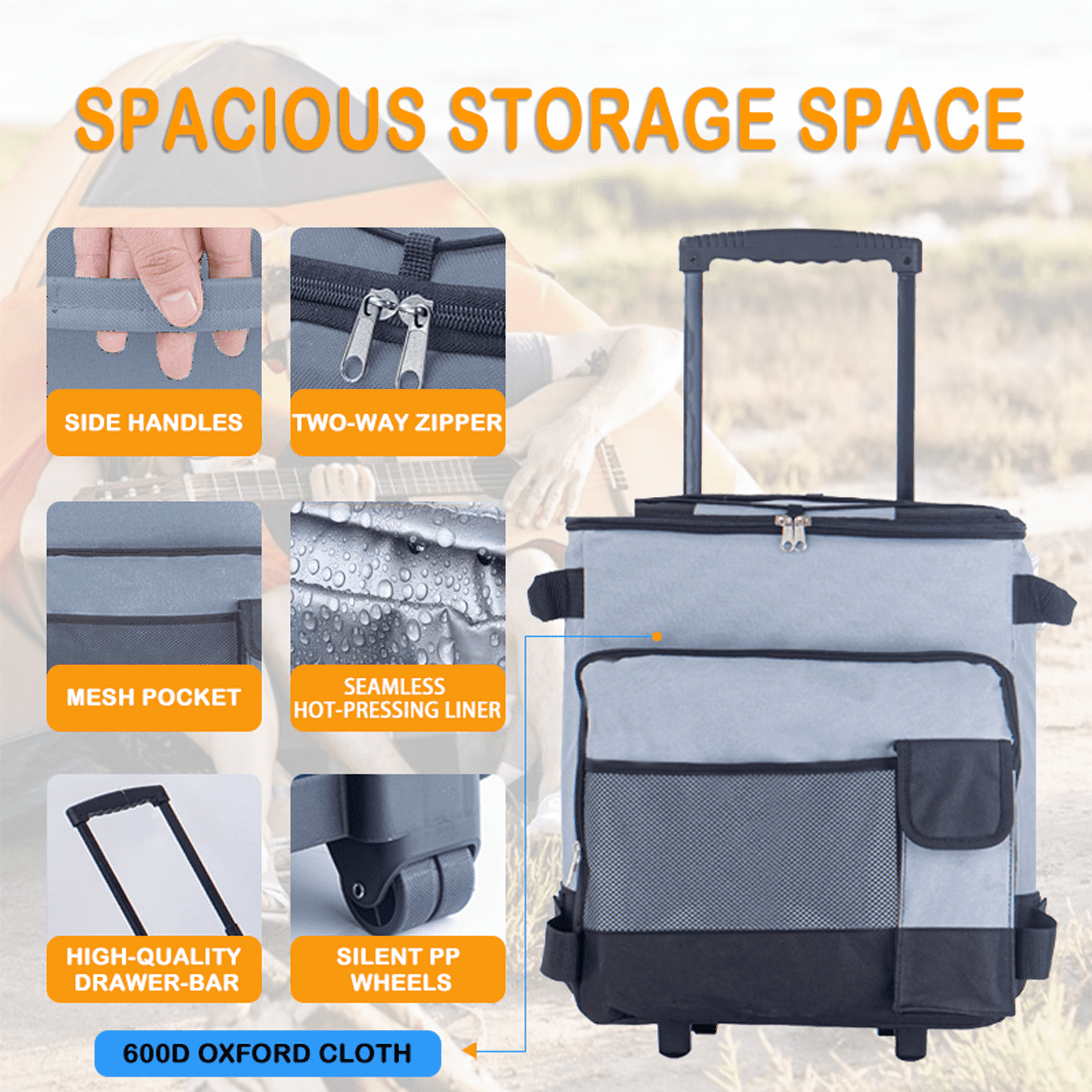 Rolling Cooler, HDJ 43L Large Leakproof Soft Cooler Bag with Wheels and Handle for Beach Camping Patio Travel Outdoor, Grey