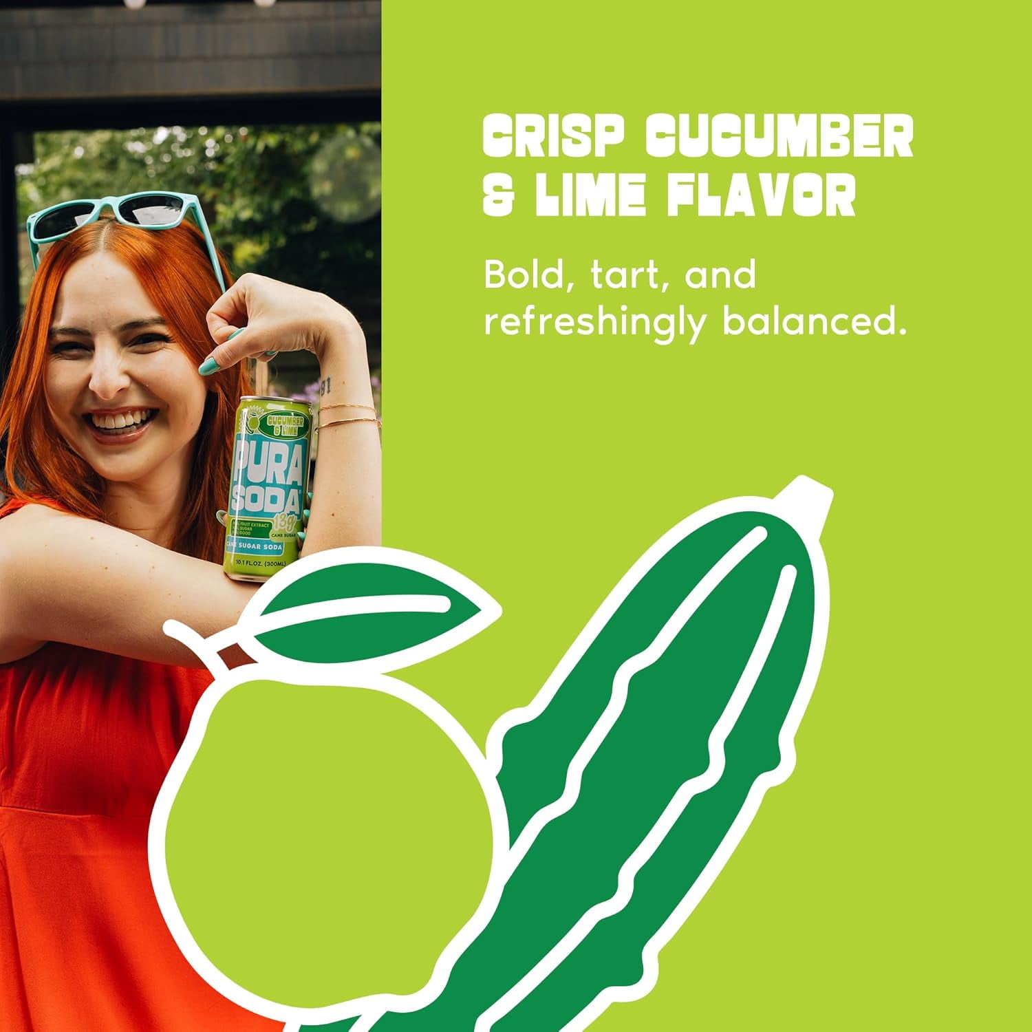 PuraSoda® Cucumber & Lime | Low-Calorie, Cane Sugar Soda Beverage | Non-GMO, Vegan | Made with Pure Cane Sugar, No Preservatives | 10.1 fl oz (300ml) Cans, 24-Pack