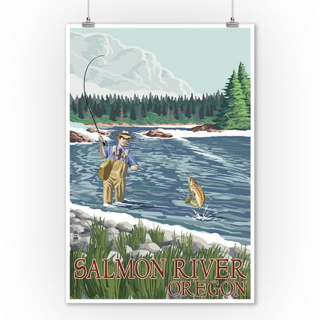 Fishing Scene - Salmon River, Oregon - Lantern Press Poster (9x12 Art Print, Wall Decor Travel