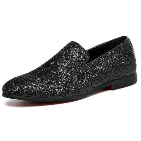 

Santimon Mens Metallic Paillette Loafers Slip-on Glitter Moccasins Dress Shoes Leather Shoes Black 6.5 US