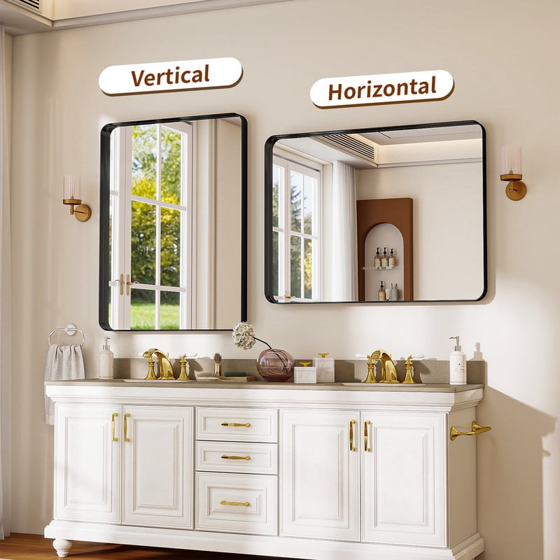 Easy4Home 40"x32" Extra Large Deep Frame Rounded Rectangle Bathroom Mirror Decor Vanity Mirror Wall Mounted,Black