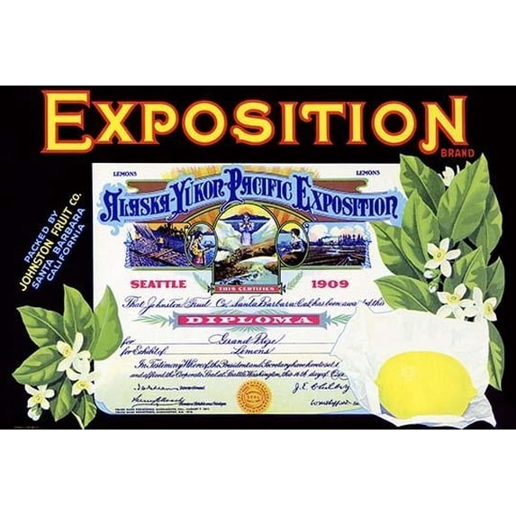 A certificate honoring the Alaska-Yukon-Pacific Exposition of 1909 in Seattle. Vegetable and Fruit crate labels were produced between the