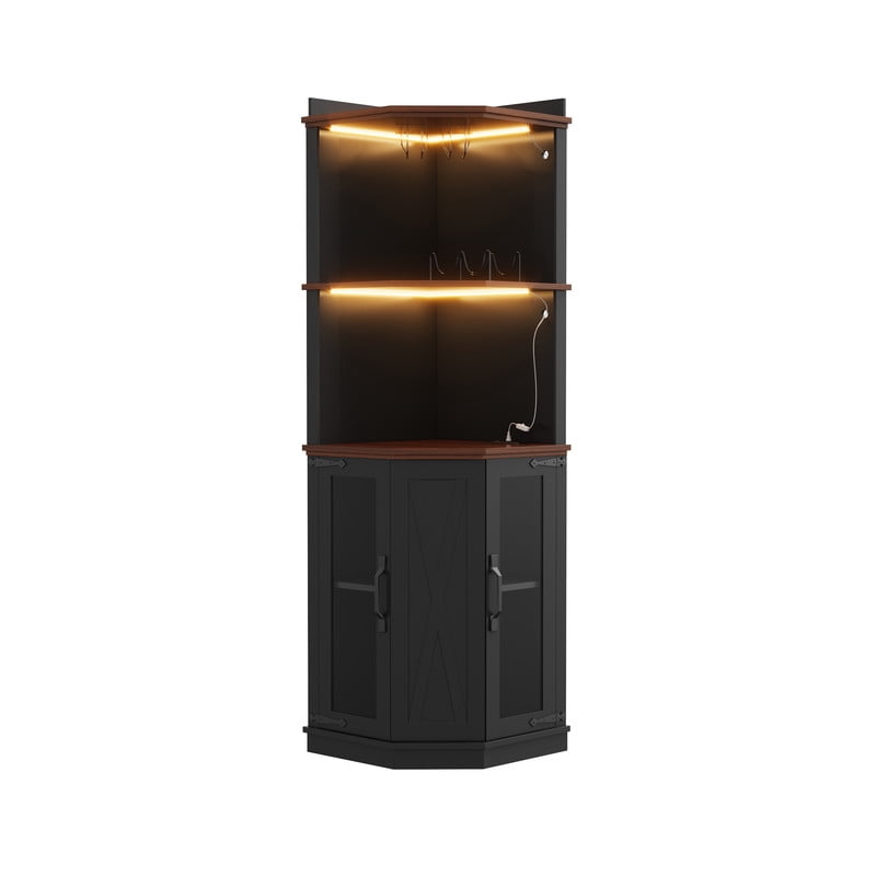 Triangular Corner Bar Cabinet with Power Outlet, Farmhouse Wine Storage Cabinet with Adjustable Shelves, LED Lights & Glass Rack