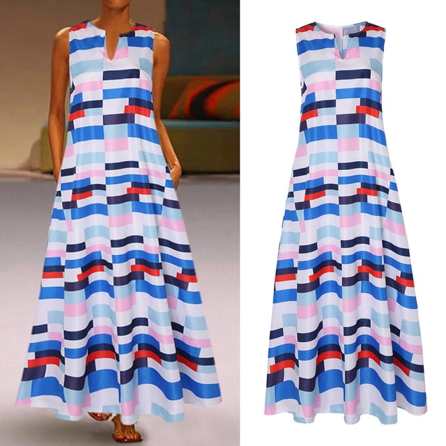 Fankiway Robe Maxi d'Été Sans Manches à Rayures Imprimées Col en V Vintage Décontractée pour Femmes Robes de Plage Grande Taille