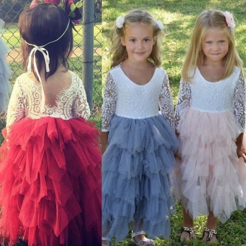 Fashion Baby Girls Princess Elegant Feast  Lace Flower Tulle Tutu Wedding Dress 