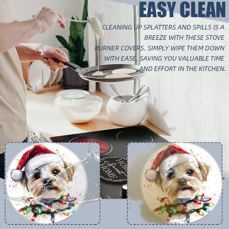 4 Pieces Christmas Round Stove Burner Covers Set, Xmas Yorkshire Terrier Christmas Lights Gas Stove Burner Covers Expands Usable Space for kitchen, 2 Pieces 8 Inches and 2 Pieces 10 Inches