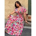 thumbnail image 4 of Random Floral Print Deep Shirred Waist Tie Plus Size Women Beach Maxi Dress, 4 of 9