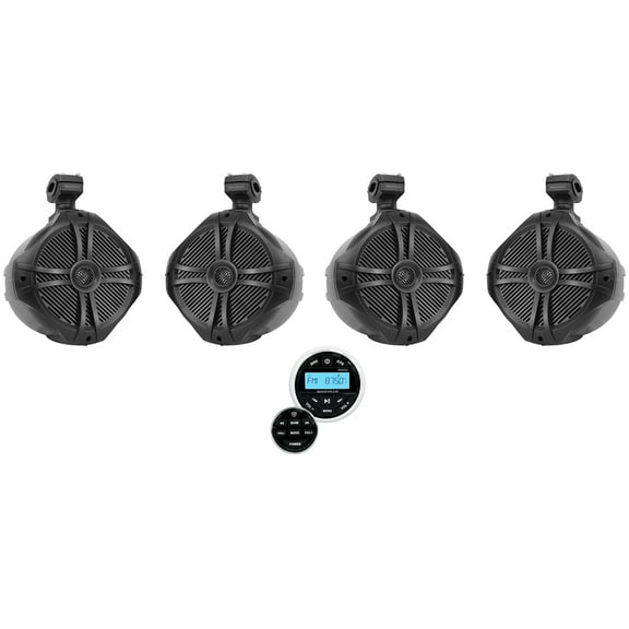 (4) Rockville RWB90B Black 8" Marine Wakeboard Swivel Tower Speakers Receiver