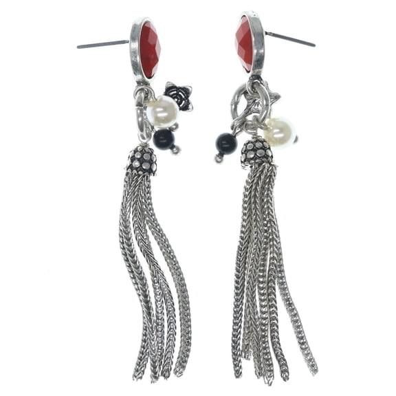 Vintage Style Silver-Tone Dangle Earrings Faux Pearl & Chain Tassel Accents