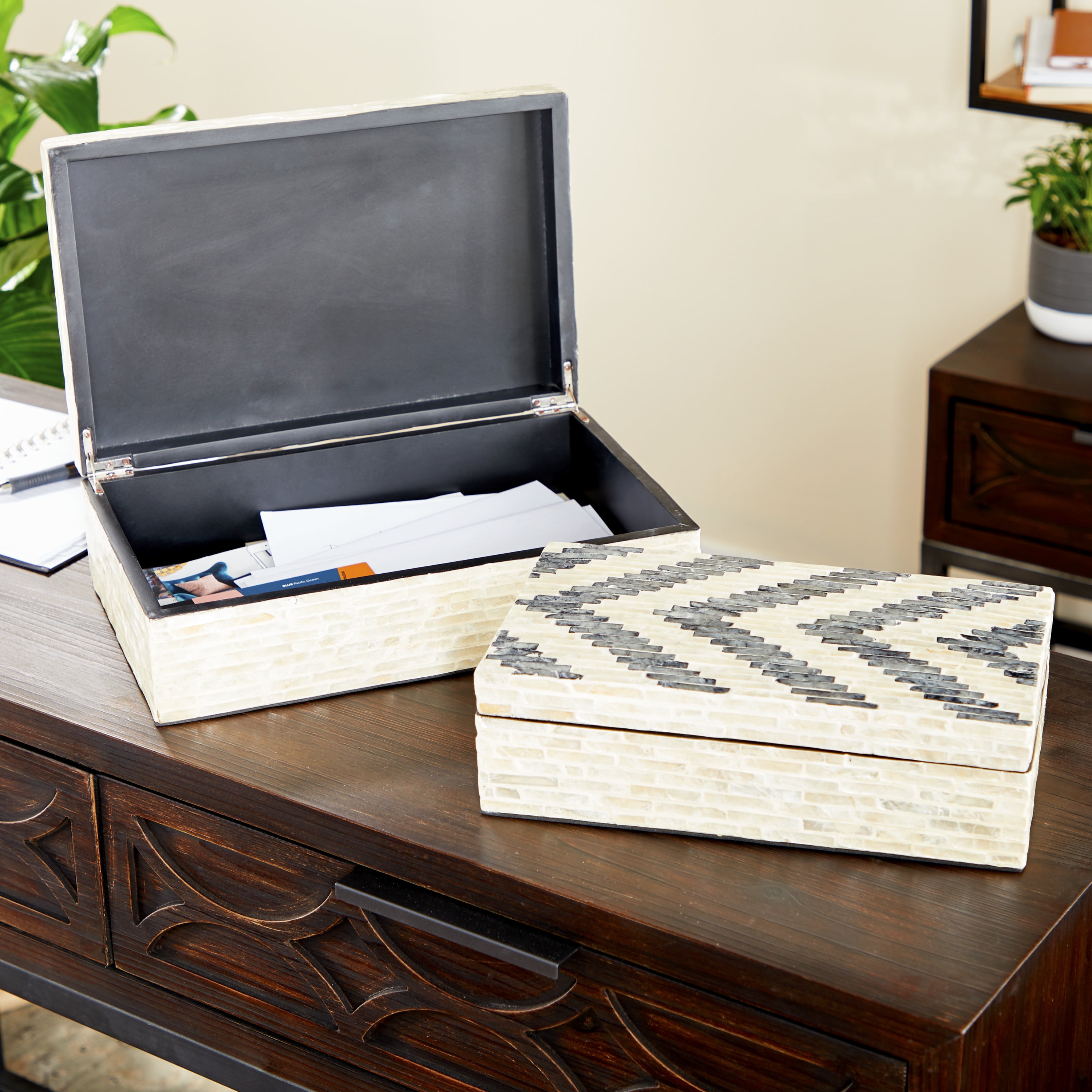 DecMode Handmade Chevron Pattern Cream Mother of Pearl Decorative Box with Hinged Lid, 2 Count