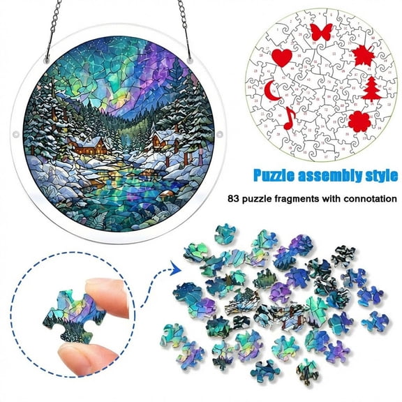 Acrylic Puzzles Suncatcher Window Hanging,83 Pieces Sun Catcher Stained Glass Acrylic Puzzles Decoration for Women Men Mom Birthday Gift Home Decor (Aurora Snowscape)
