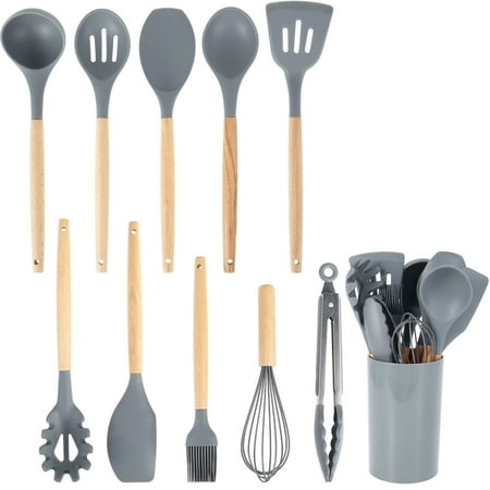 

ODOMY 11 pcs Kitchen Cooking Utensils Set Non-Stick Silicone Cooking Kitchen Utensils Spatula Set with Holder Wooden Handle Silicone Kitchen Gadgets Utensil Set