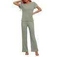 thumbnail image 2 of INSPIRE CHIC Women's Ribbed Knit Sweatsuit Round Neck 2 Piece Set Loungewear Short Sleeve Tracksuit XS Green, 2 of 5