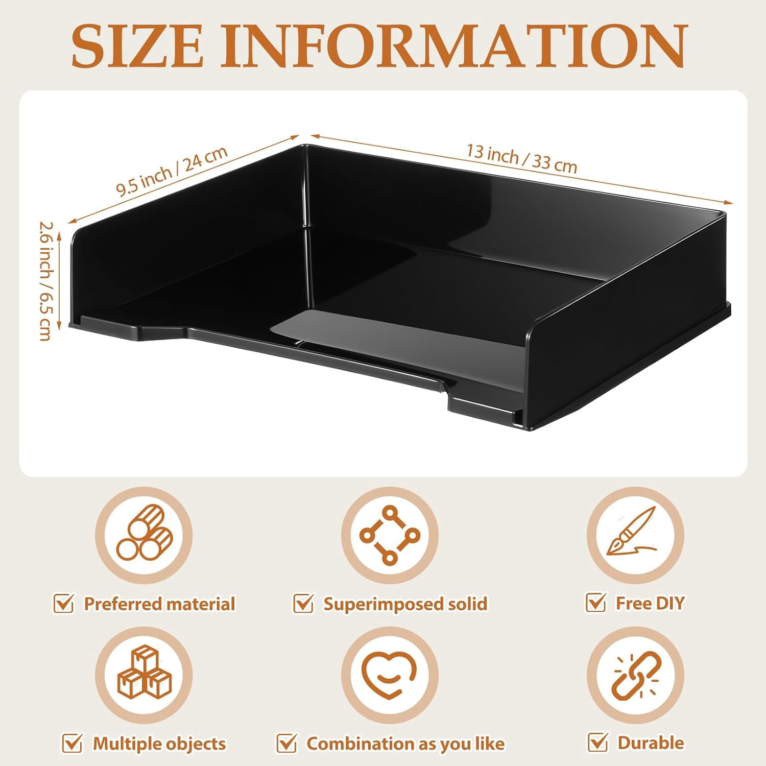 6 Pcs Stackable Letter Tray Rectangular Plastic Desk Organizer 13 x 9.5 x 2.6 in Paper Holder File Tray Accessories Rack for Desktop Office Desk Drawers (Black)