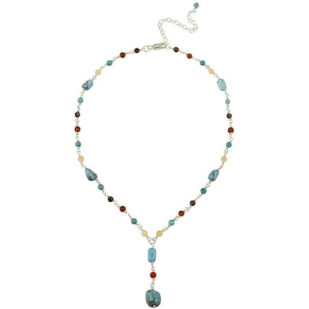 Aragonite, Carnelian, Smoky Quartz and Created Turquoise Chips and Nuggets Sterling Silver Drop Lariat Necklace, 16