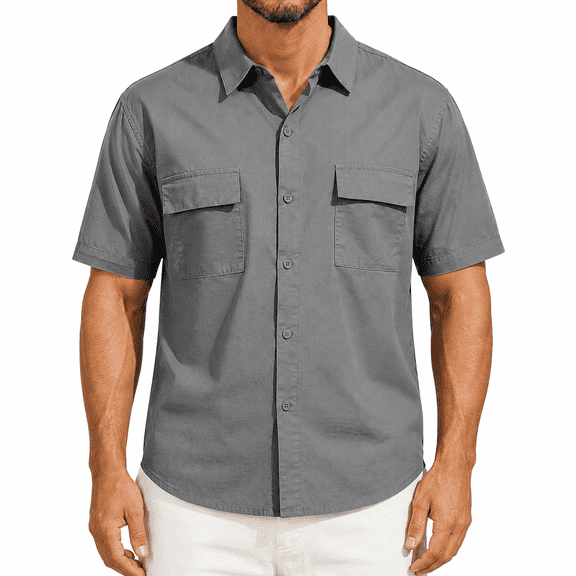 Dpjklzsn Men's Utility Button-Up Shirt, Short Sleeve Multi Pocket Collared Shirt for Outdoor Casual Wear