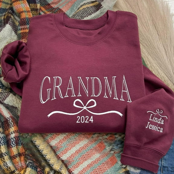 Custom Grandma Embroidered Sweatshirt with Kids Names and Bow on Sleeve Keepsake Gifts for Grandma