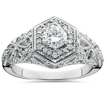 Art Deco Diamond Engagement Ring - Vintage Halo Diamond Engagement Ring 3/4 Ct Round Filigree Art Deco Antique 14K