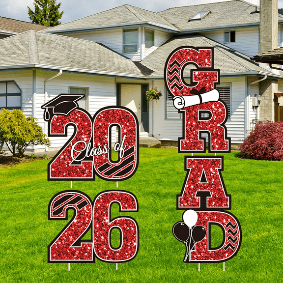 Graduation Yard Sign Class of 2026 Decorations, 4pcs Large Size Red and Black Congrats Grad 2026 Lawn Yard Sign with Stakes for High School College Indoor Outdoor Graduation Party Decor Supplies