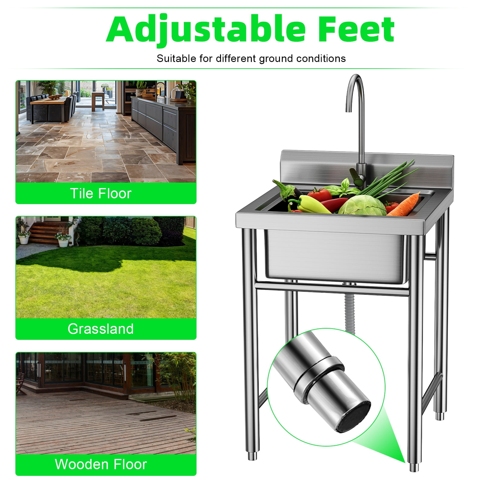 Suhire Freestanding Stainless Steel Utility Sink, Commercial Outdoor Sink with High Baffle, Single Bowl Laundry Sink for Restaurant Garage