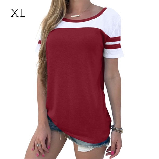 Camiseta de mujer Blusa de cuello redondo de manga corta con bloque de color a rayas, rojo vino, XL Inevent AP001633-09