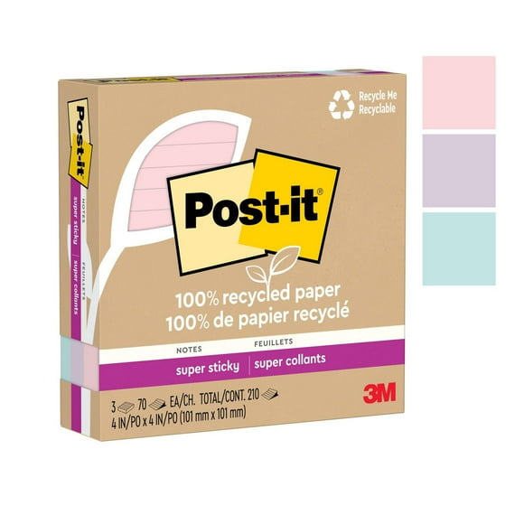 Post-it® 100% Recycled Paper Super Sticky Notes 675R-3SSNRP, Wanderlust Pastels Collection, Lined, 4 in x 4 in, 3 Pads/Pack, 70 Sheets/Pad