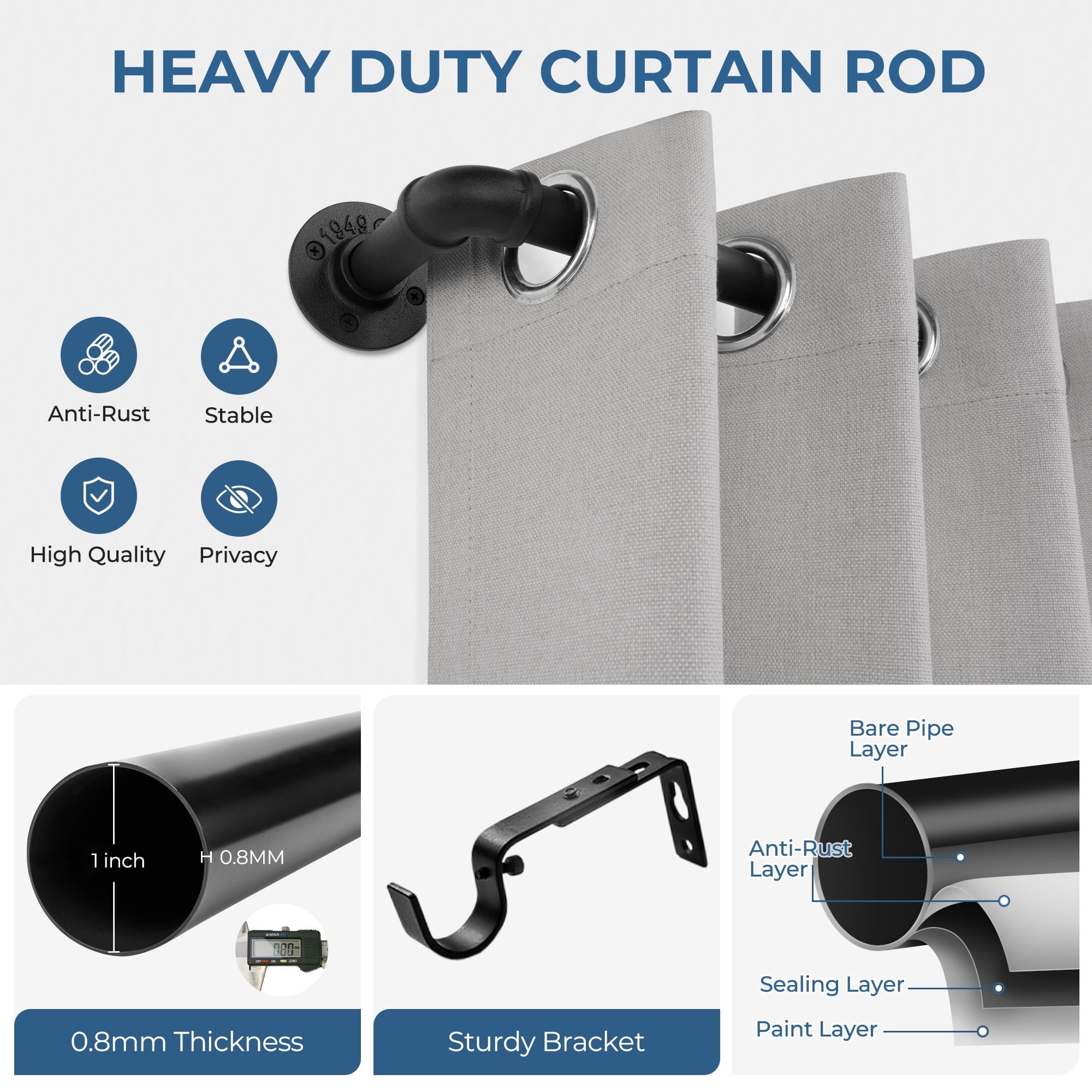 1 Inch Industrial Curtain Rods for Windows , Blackout Wrap Around Curtain Rod, for Indoor and Outdoor, Simple Design, 66 to 120 Inches, Black