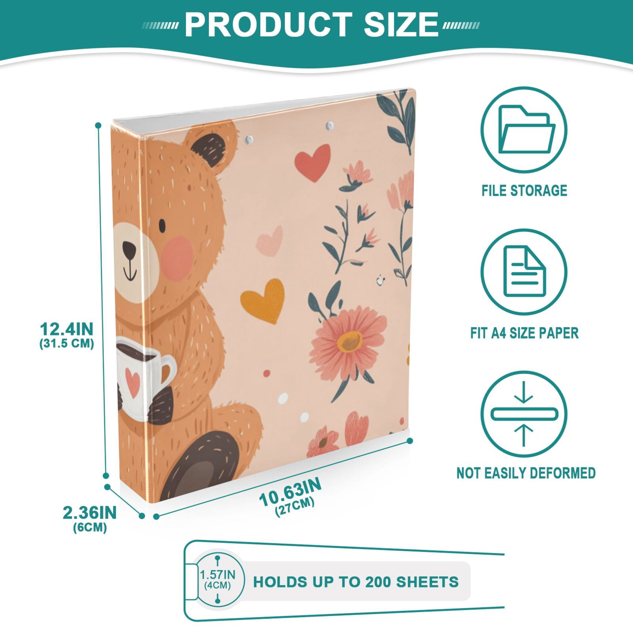 Brown Bear Flowers 3 Ring Binders 1.5 inch Hardcover File Folders with Interior Pockets A4 Size Organizer for School Office Hospital