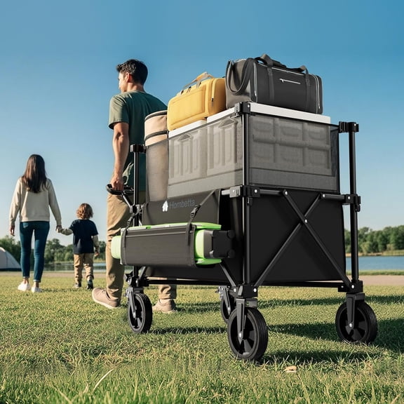 Folding Wagon Cart with Wheels, Adjustable Double Decker 150L-300L Capacity, All-Terrain Wheels & Brake, 450LBS Heavy Duty Collapsible Wagon for Beach, Camping, Outdoor
