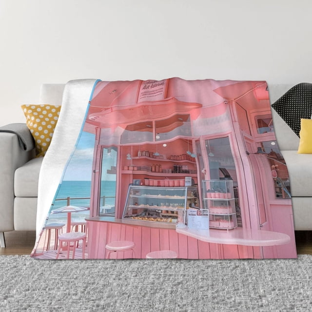 Balery Pastel Pink Beach Cafe Manta de Franela con Dibujo, Lujo Ultra Suave y Cálido, Antipelusa y Resistente a las Arrugas para Cama, Sofá, Camping -80"x60"