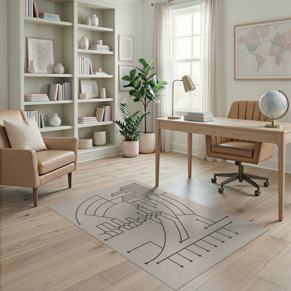 ODIKA 4'x6' Beige Geometric Circuitry Washable Area Rug Modern Abstract Lines With Intricate Design for Dorm Room, Small Living Stain Resistant Low Profile, Easy Care
