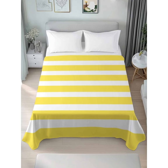 Yellow Striped Queen Size Flat Sheet, Wrinkleproof & Fadeproof Cooling Flat Bed Sheet Only, Modern Simple Monochrome Geometric White Breathable Soft Bedding Top Sheets 90 x 102 Inches