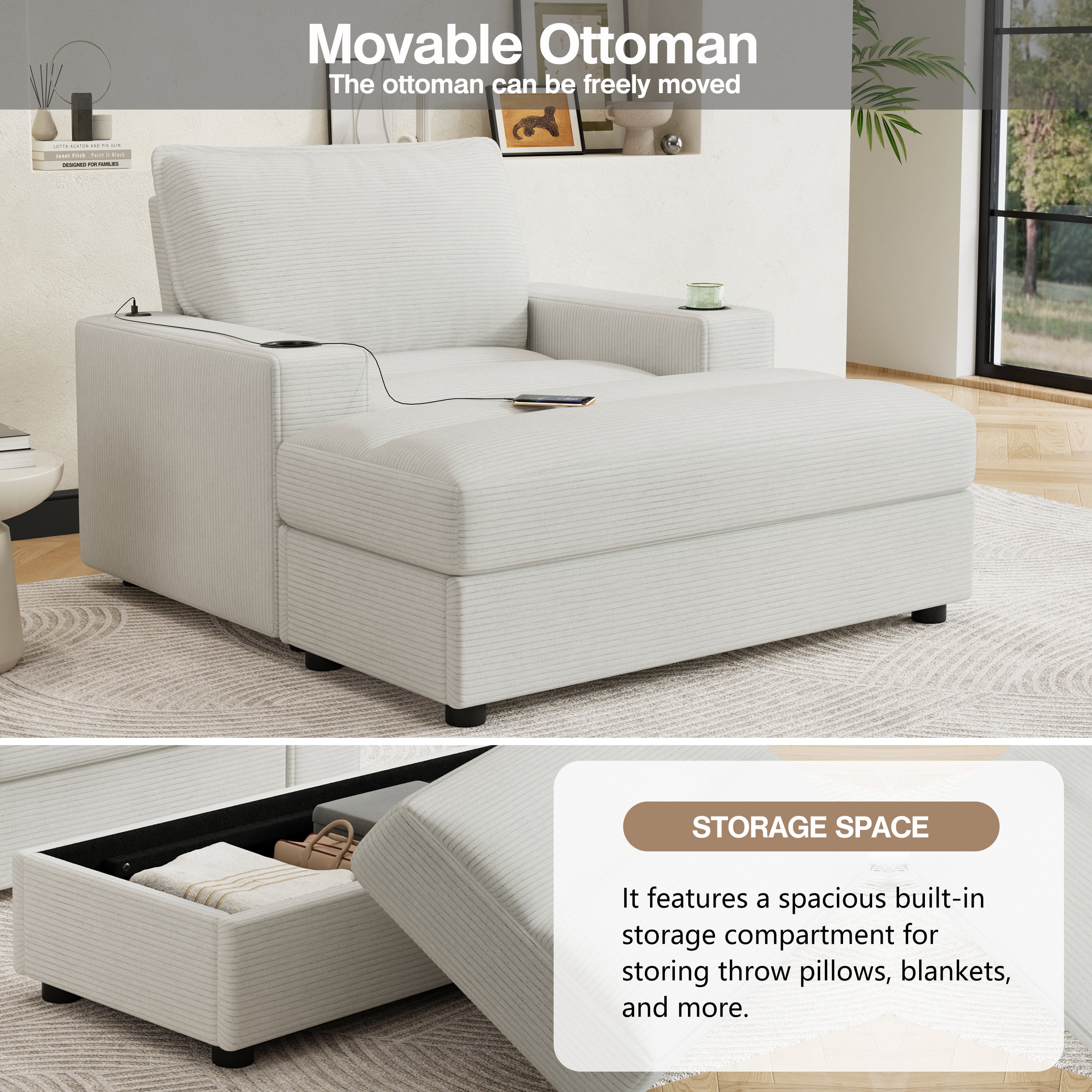 avobird 42.8" Chaise Lounge Chair with Storage Ottoman, Corduroy Sofa Bed with Cup Holders & USB Charging Port, Upholstered Sleeper Chair for Living Room, Beige