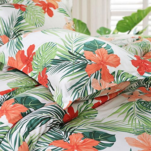 Details about   FADFAY Hawaiian Bedding Sheet Set Tropical Red Hibiscus Palm Leaves 100% Cotton 