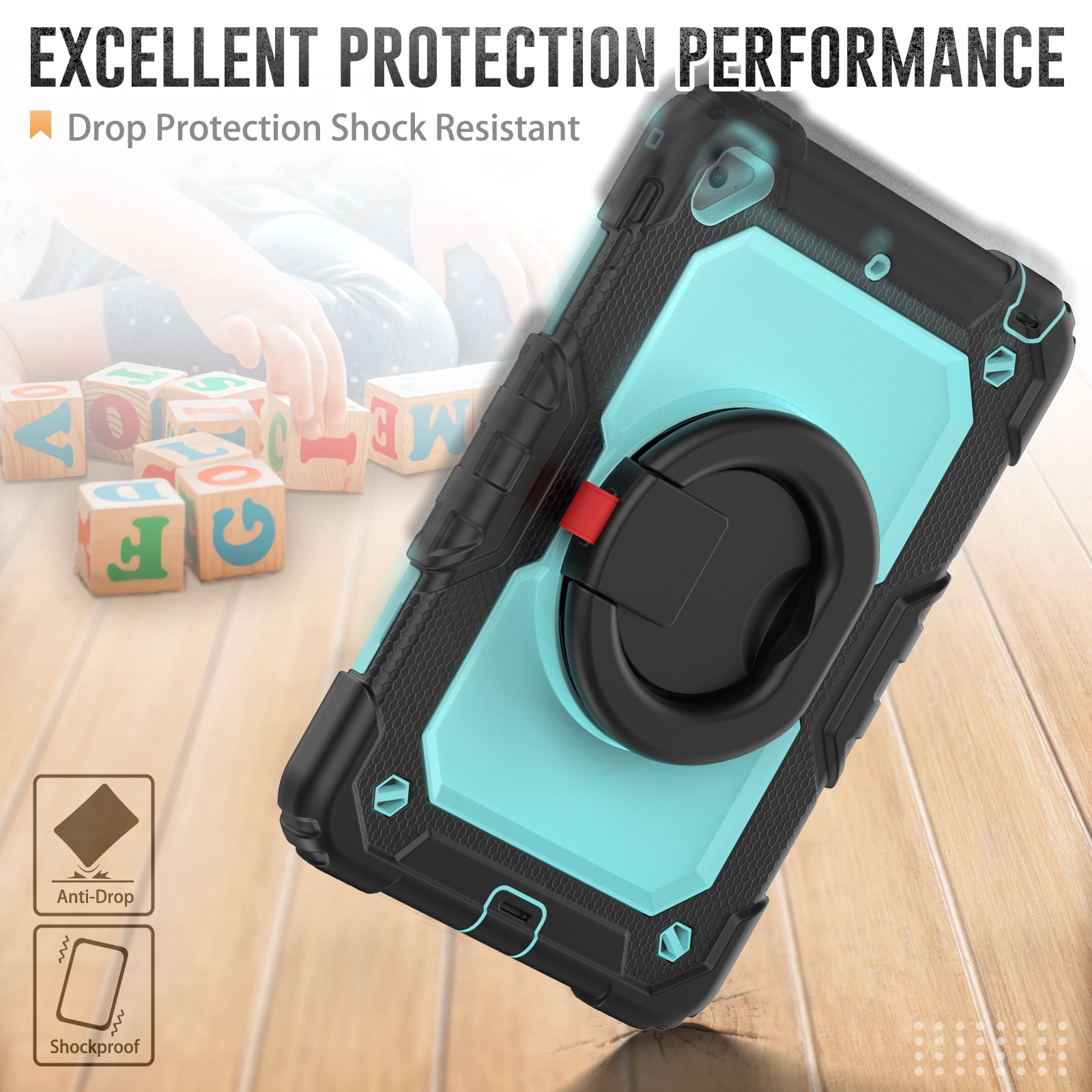Dteck iPad mini 5 Case / iPad mini 6 Case with Built in Screen Protector, Child Proof Heavy Duty Shockproof Kids Case with Rotating Stand Handle Pencil Holder for iPad mini 5/4 7.9",Black + Light Blue