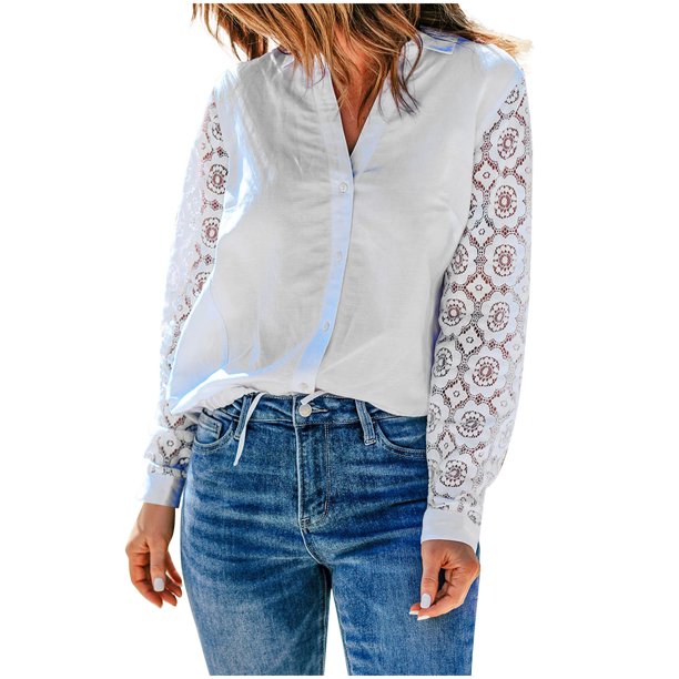 Camisas de manga larga para mujer, con solapa de encaje, corte holgado, túnica de otoño, tops de otoño para mujer Pompotops FGAJ8563