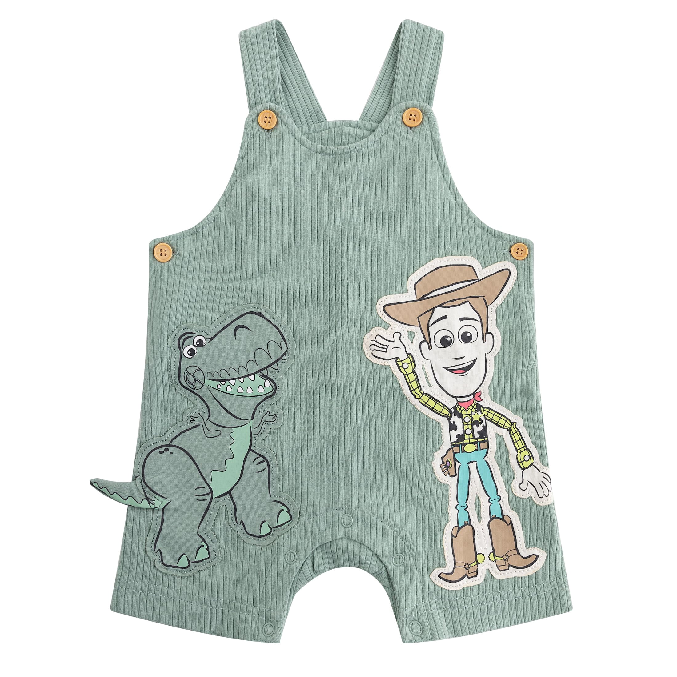Disney Toy Story Woody Rex Shortall Ribbed Overalls Bodysuit and Bucket Hat (Baby Boys), 3 Piece Set, Sizes 3M-18M