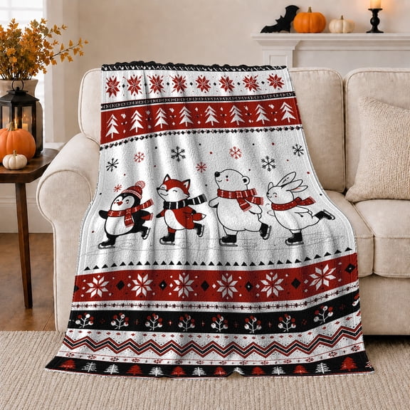 Cute Cartoon Animals Ice Skating Winter Wonderland Design, Festive Holiday Scene, Warm Flannel Blanket for Cabin and Lodge, Art Lovers Christmas Gift, Festive Home Decor
