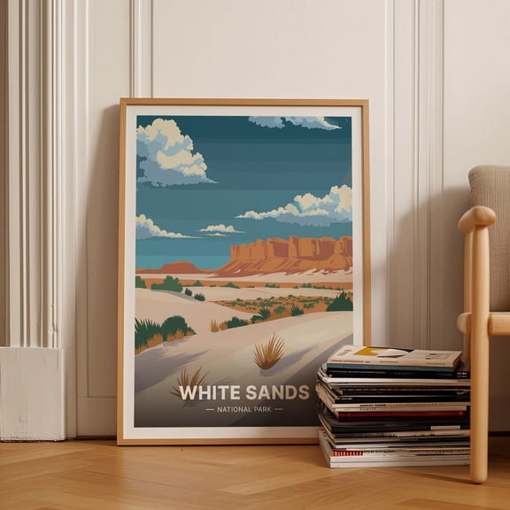 White Sands National Park Retro Travel Landscape Art, Unframed Paper Poster 8x10in