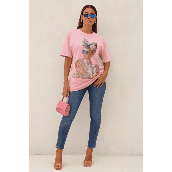 Terry Macc Diva Graphic 100% Cotton, Hand-Embellished Stones & Pearls T-Shirt, Unisex One Size