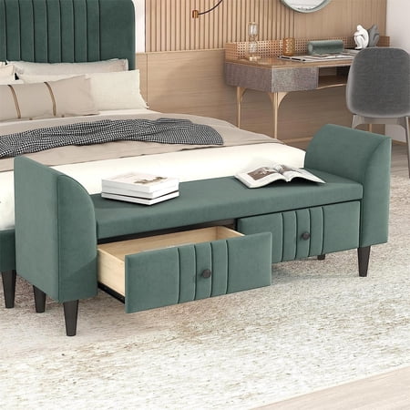 Storage Ottoman Bench with 2 Drawers for Bedroom End of Bed Upholstered Wooden Entryway Bench with Storage, Modern Foot Rest Stool