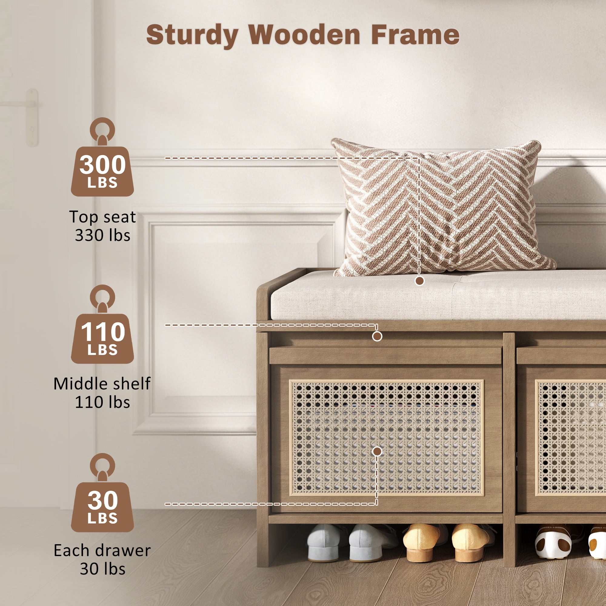 48" Entryway Shoe Bench, Retro Storage Bench with Rattan Drawers & Removable Button‑Tufted Upholstered Cushion for Living Room, Hallway, Foyer, Stair Landing, 5 Colors Available (Natural)